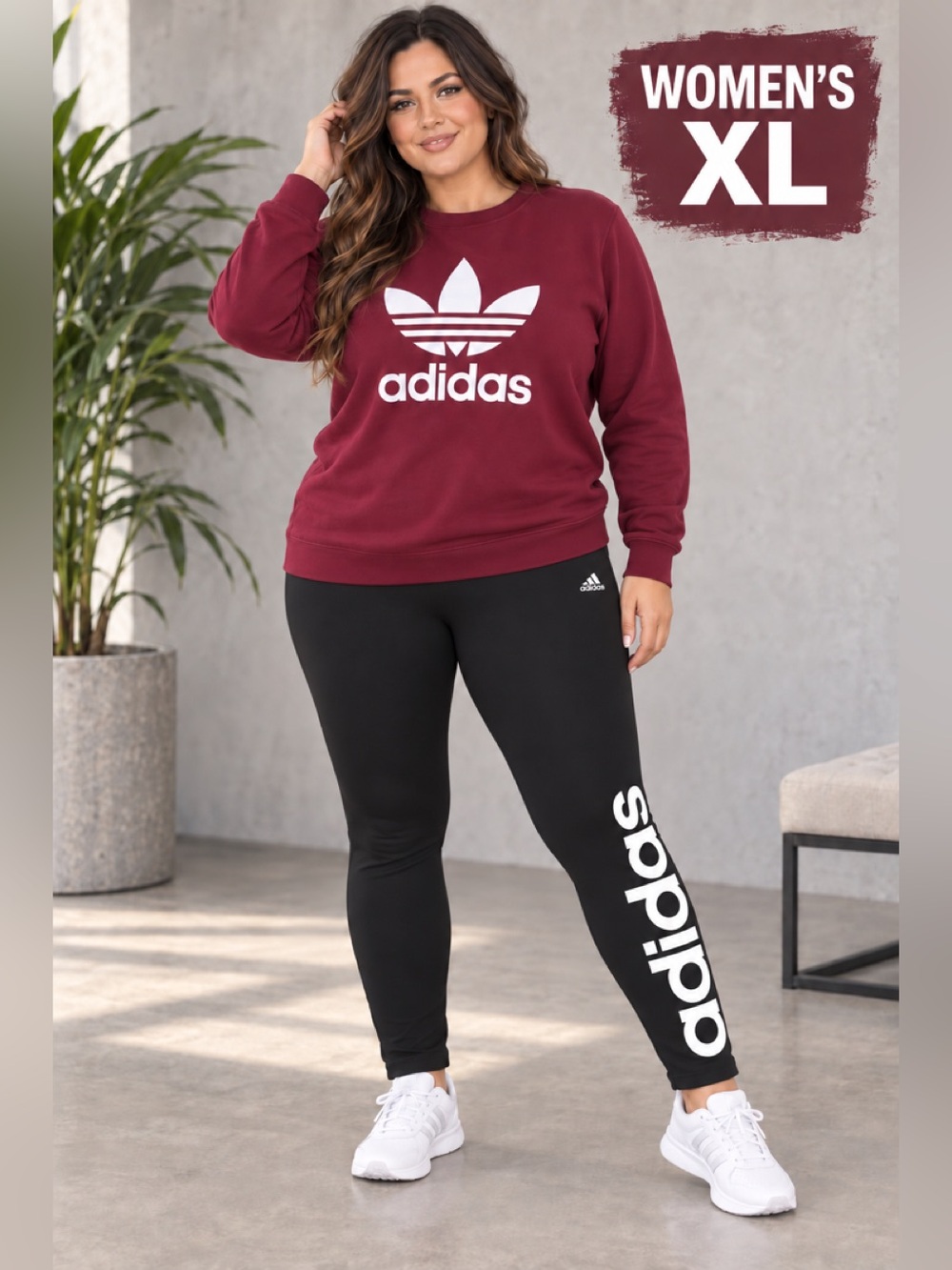 adidas womenās XL Black Leggings and Maroon Trefoil Sweatshirt outfit